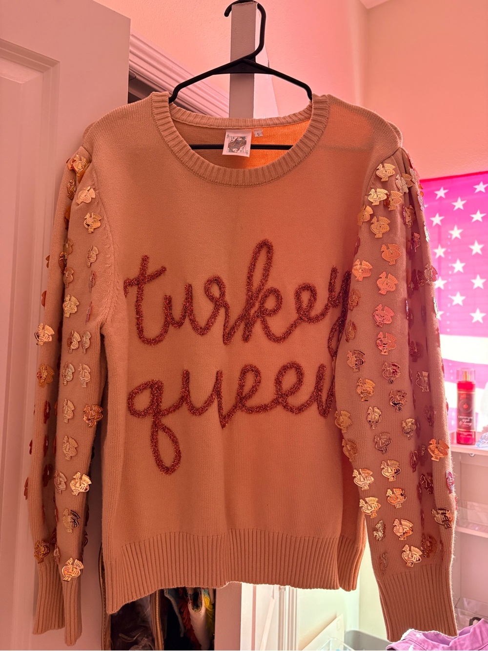 QUEEN OF SPARKLES Camel 'Turkey Queen' Embellished Sweater